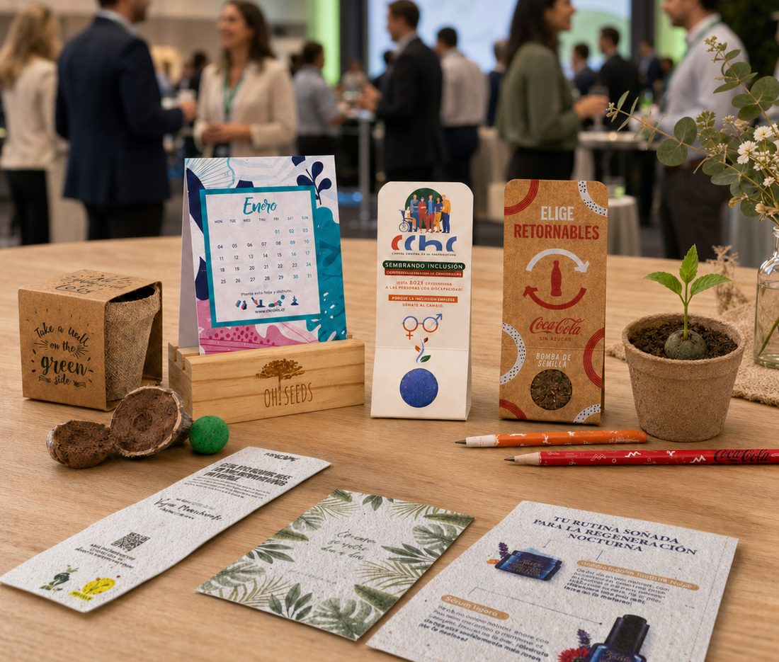 Regalos corporativos personalizados de Oh! Seeds en un evento de empresa